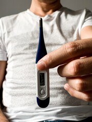 Man is checking temperature with digital thermometer. A man sitting on gray sofa with thermometer...