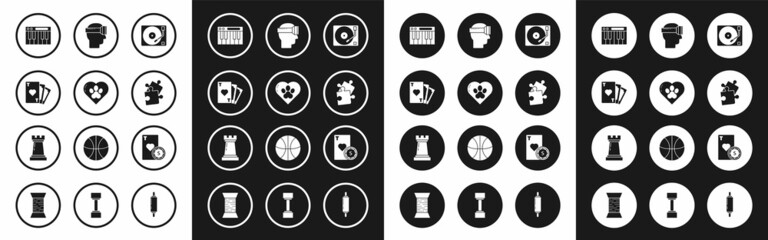 Set Vinyl player with a vinyl disk, Playing card heart symbol, Music synthesizer, Piece of puzzle, Virtual reality glasses, Casino chip and playing cards and Chess icon. Vector