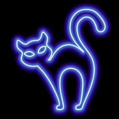 Neon blue outline of a cat on a black background. Witch cat, halloween