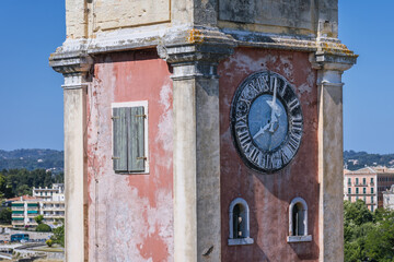 Close up on historic Clock Tower in Old Fortress in Corfu, principal city of Corfu Island, Greece
