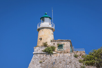 Lighthouse in historic Old Fortress in Corfu, principal city of Corfu Island, Greece