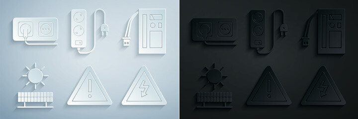 Set Exclamation mark in triangle, Battery, Solar energy panel and sun, High voltage sign, Electric extension cord and Electrical outlet icon. Vector