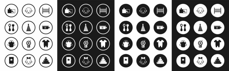 Set Baby crib cradle bed, Party hat, cutlery with fork and spoon, Piece of puzzle, potty, Happy little boy head, clothes and bottle icon. Vector