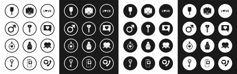Set Love text, Key in heart shape, Male gender symbol, Wine glass, Like and, Computer monitor with, Heart ribbon and the center stopwatch icon. Vector
