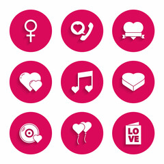 Set Music note, tone with hearts, Balloons in form of, Valentines day party flyer, Candy shaped box, Romantic music, Heart, ribbon and Female gender symbol icon. Vector
