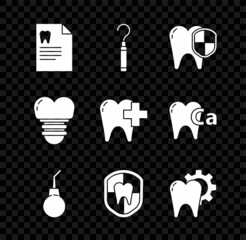 Set Clipboard with dental card, Dental explorer scaler for teeth, protection, Enema pear, Tooth treatment procedure, implant and clinic care tooth icon. Vector