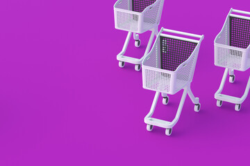 Modern plastic shopping cart trolleys. Trade concept. Purchase of groceries. Retail store equipment. Profitable proposition. Limited number of products. Copy space. 3d render