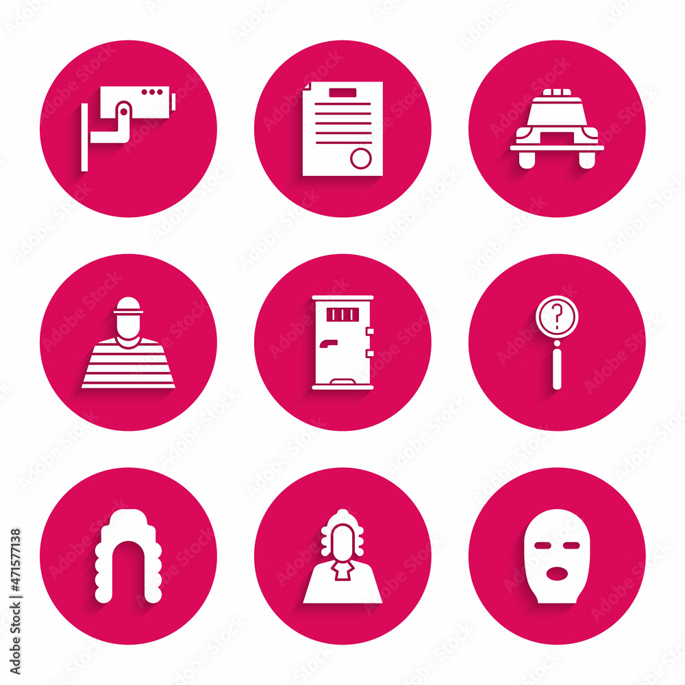 Sticker Set Prison cell door, Judge, Thief mask, Magnifying glass with search, wig, Prisoner, Police car and flasher and Security camera icon. Vector