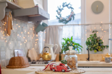 Merry Christmas and Happy Holidays. A beautiful kitchen room decorated for Christmas