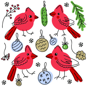 Northern cardinal birds and christmas elements doodle collection. Perfect for T-shirt, stickers, textile and print. Hand drawn vector illustration for decor and design. 
