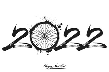 Numbers 2022 and a abstract bike wheel made of blots in grunge style. Design text logo Happy New Year 2022. Template for greeting card, banner, poster. Vector illustration on isolated background