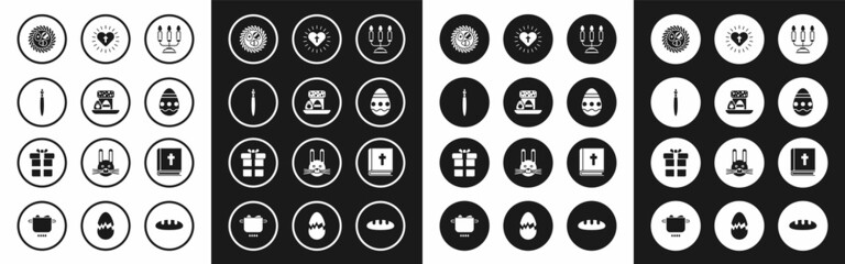 Set Candelabrum with candlesticks, Easter cake eggs, Paint brush, wicker nest, Christian cross heart, Holy bible book and Gift box icon. Vector