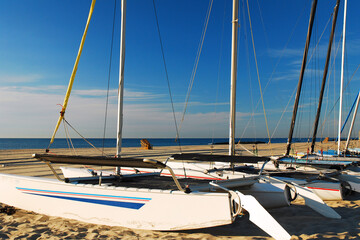 Fototapeta premium Catamarans rest along the shore on a sunny summer's day