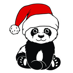Cute panda wearing santa claus hat. Little christmas panda sitting. Clipart vector illustration © liza
