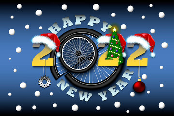 Happy new year. 2022 with bike wheel. Numbers in Christmas hats and Christmas tree balls. Original template design for greeting card. Vector illustration on isolated background