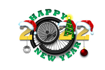 Happy new year. 2022 with bike wheel. Numbers in Christmas hats and Christmas tree balls. Original template design for greeting card. Vector illustration on isolated background