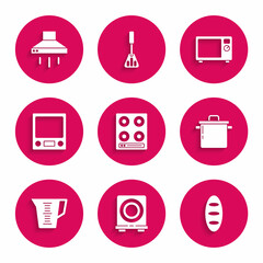 Set Gas stove, Electric, Bread loaf, Cooking pot, Measuring cup, Electronic scales, Microwave oven and Kitchen extractor fan icon. Vector