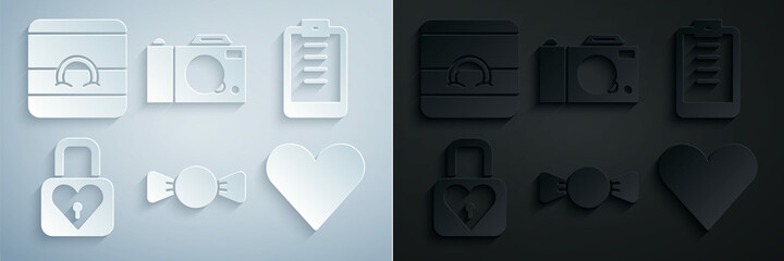 Set Bow tie, Clipboard with checklist, Lock and heart, Heart, Photo camera and Wedding rings icon. Vector