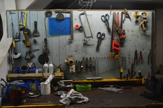 Workbench wirh instruments and tools in sailors style