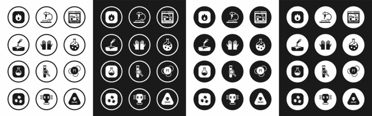 Set Chemical online, Medical rubber gloves, Petri dish with pipette, Fire flame, Test tube and flask, Microscope, Molecule and icon. Vector