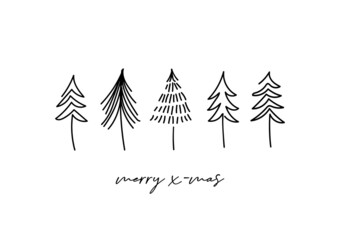 Christmas Trees Cheerful Doodle Drawing. Simple Linear Vector Illustration on White Background. Perfect for Holiday Cards.