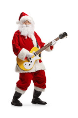 Santa claus dancing and playing an electirc guitar