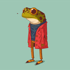 Sketch drawn vector illustration of humanized frog. Anthropomorphic frog. Trendy animal character with human body. Standing frog wearing a longsleve, trousers, red coat and retro shoes watching a fly