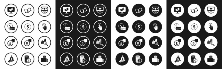 Set Stacks paper money cash, Financial growth and dollar, Credit card, Hand holding coin, Pie chart and pound icon. Vector