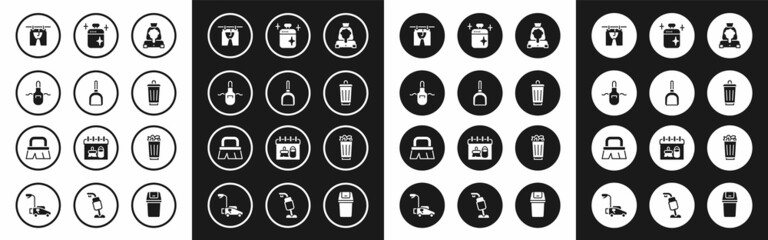 Set Cleaning lady service, Dustpan, Kitchen apron, Drying clothes, Trash can, cooking pot, Full trash and Brush for cleaning icon. Vector