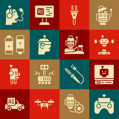 Set Remote control, Robot, Disassembled robot, Electric plug, Smart glasses, Battery, charging battery and humanoid driving car icon. Vector