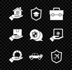 Set House in hand, Graduation cap with shield, Briefcase, Lifebuoy, Car, Plane, Delivery insurance and Location icon. Vector
