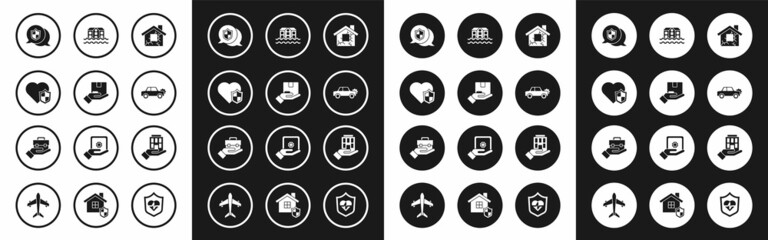 Set House, Delivery insurance, Life with shield, Location, Car, flood, hand and Hand holding briefcase icon. Vector