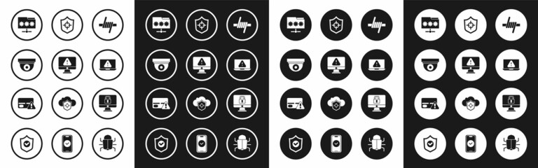 Set Barbed wire, Monitor with exclamation mark, Security camera, Folder password, Laptop, Shield, Lock monitor and Credit card icon. Vector