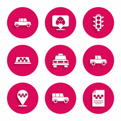 Set Taxi car, Car, driver license, Location with taxi, roof, Traffic light and icon. Vector