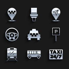 Set Taxi car, Bus, Location with taxi, Parking, Train, Steering wheel, and icon. Vector