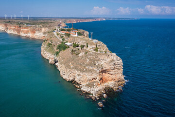 Drone photo of tip of Cape Kaliakra on the Black Sea shore in Bulgaria