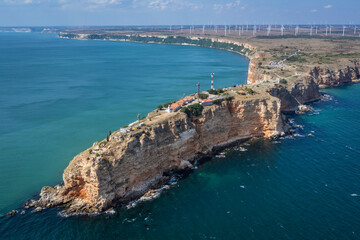 Drone view of tip of Cape Kaliakra on Black Sea coast in Bulgaria