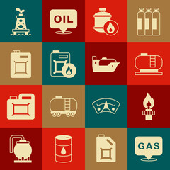 Set Location and gas station, Oil rig with fire, tank storage, Propane, Canister for motor oil, and tanker ship icon. Vector