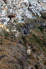 Santorini Island center town Fira with cable car in Greece. Santorini in the southern Aegean Sea, about 200 km southeast from the Greek mainland.