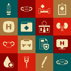 Set Medical protective mask, Location hospital, Human kidneys, Hospital bed, Patient record, signboard, Syringe and building icon. Vector