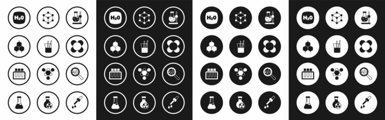 Set Test tube flask on stand, Laboratory glassware, Chemical formula, H2O, Molecule, Microorganisms under magnifier and icon. Vector