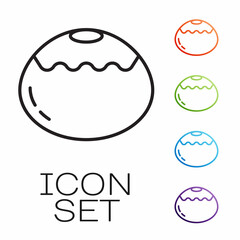 Black line Jewish sweet bakery icon isolated on white background. Hanukkah sufganiyot. Jewish easter cake. Set icons colorful. Vector