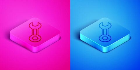 Isometric line Wrench spanner icon isolated on pink and blue background. Square button. Vector