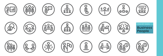 Set of business people or business management line art vector icon