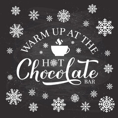 Hot chocolate bar calligraphy lettering on chalkboard background. Winter holidays party sign. Vector template for typography poster, banner, etc