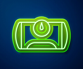 Glowing neon line Gas tank for vehicle icon isolated on blue background. Gas tanks are installed in a car. Vector