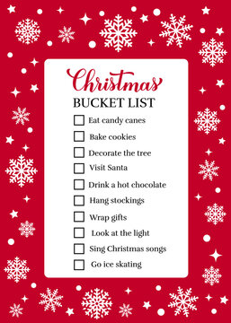 Christmas Bucket List. Funny Winter Things To Do Checklist. Seasonal Activity Planner Page. Holidays Wish List. Easy To Edit Vector Template.