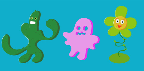 Set of funny characters with smiling human faces, cartoon vector illustration isolated