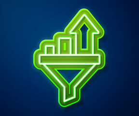 Glowing neon line Sales funnel with chart for marketing and startup business icon isolated on blue background. Infographic template. Vector