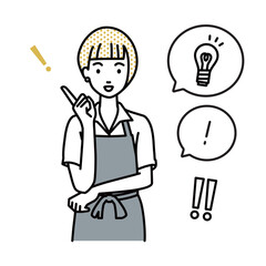 立って素晴らしいアイデアをひらめいたカフェ店員の女性 フキダシに電球と感嘆符のセット